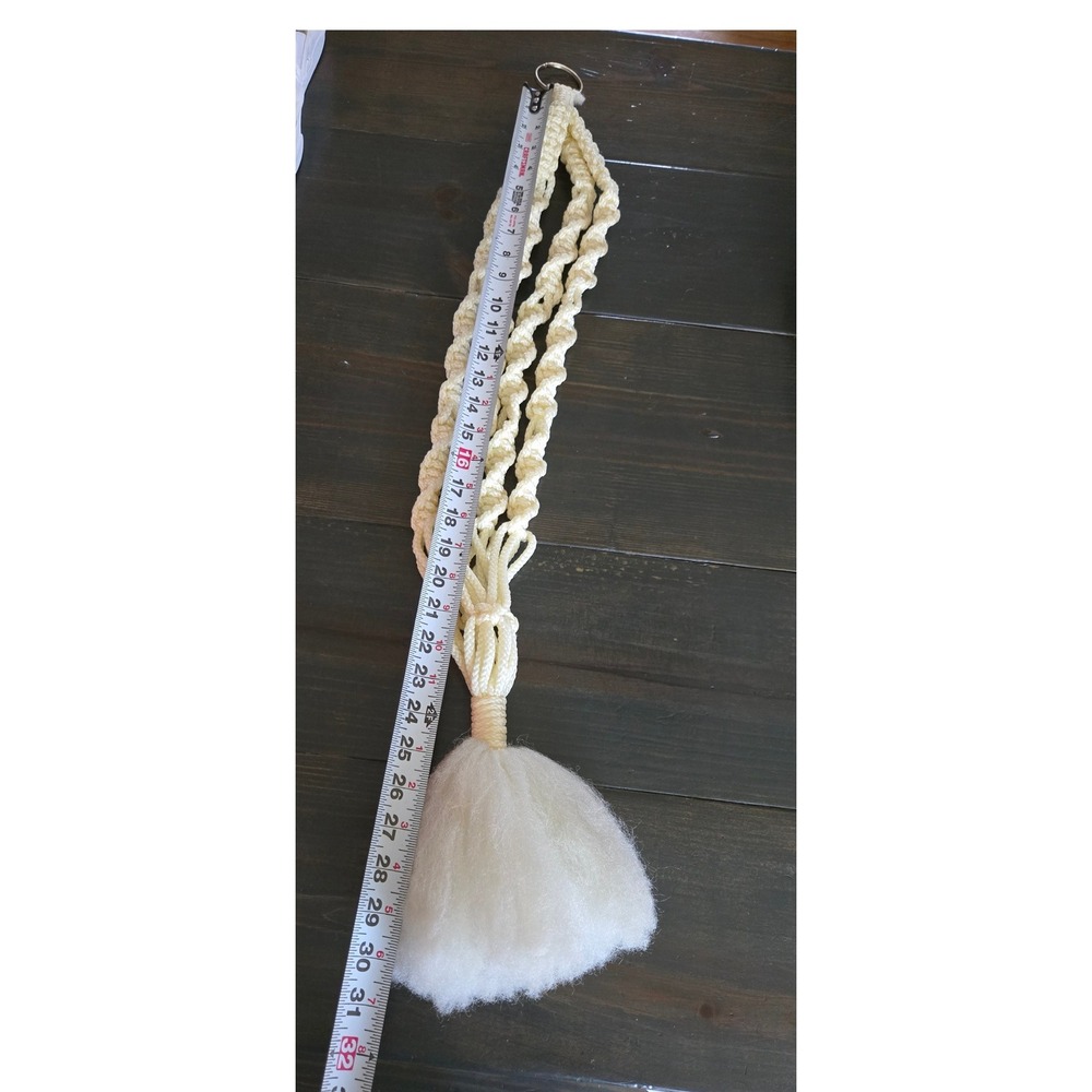 Vintage Macrame Plant Hanger Ivory Spiral Knot Boho Decor with Fluffy Tassel 31" - Picture 6 of 7